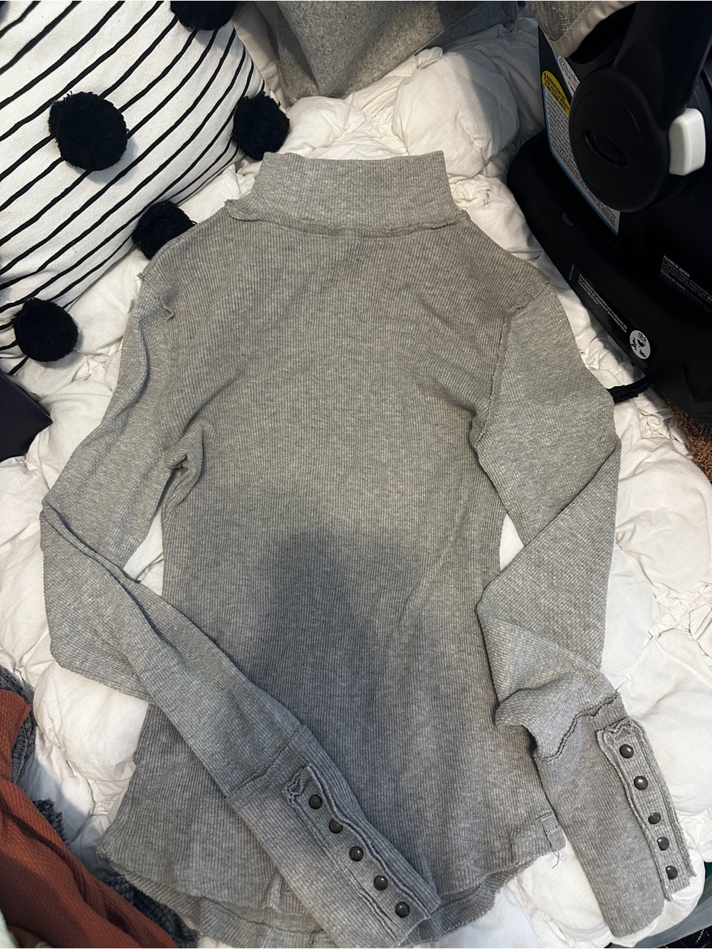 Free People Heather Gray Ribbed Mock Neck Sweater with Button Cuffs